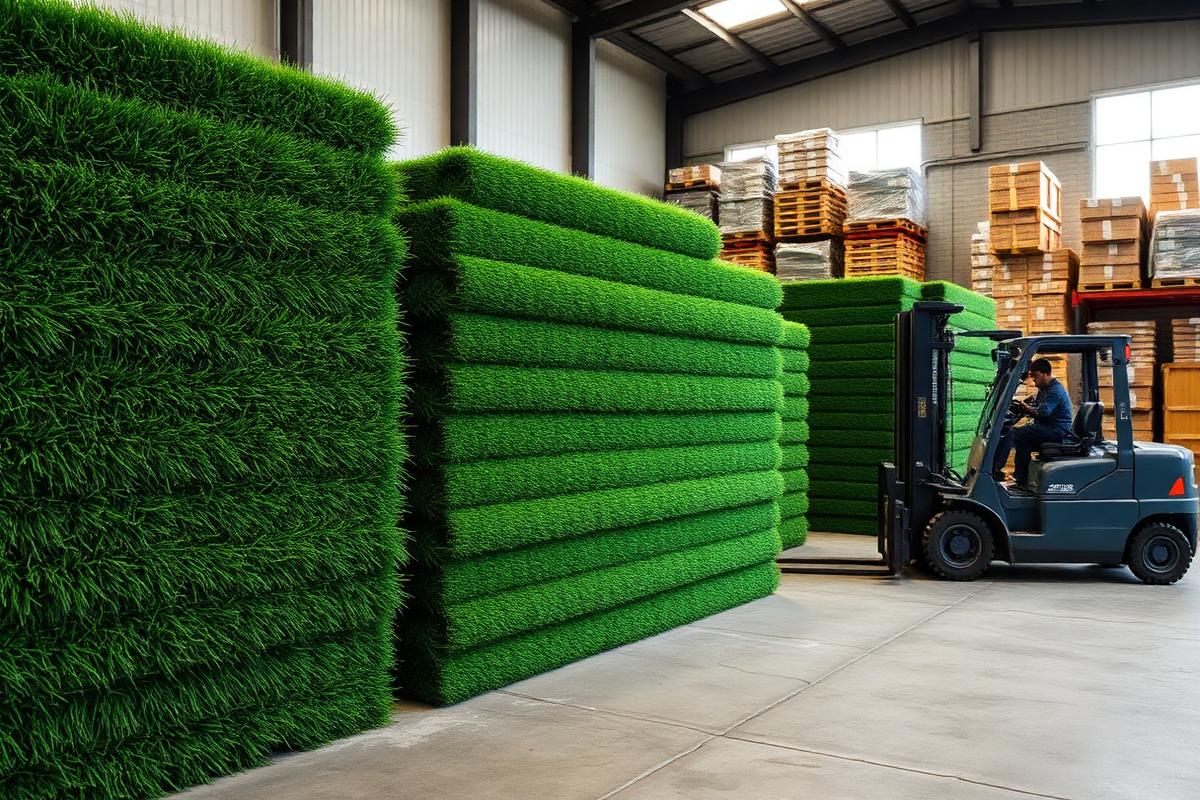 Rolls of artificial turf stacked in the Las Vegas warehouse